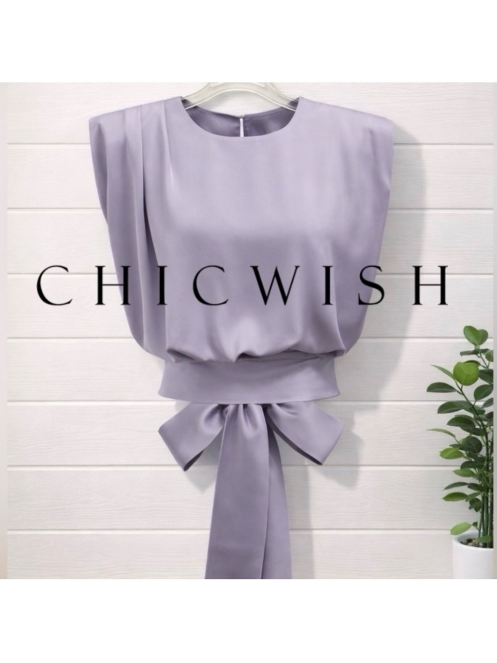 💜 NWOT Chicwish Lilac Satin Tie Back Top | Size Large | Shoulder Pad Blouse